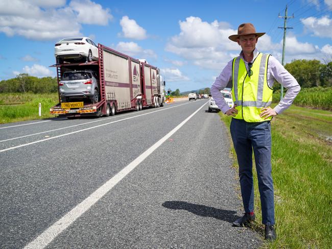 Transport and Roads Minister Mark Bailey flew into Mackay and drove a small section of the Bruce Highway as part of his inspection following the rainfall event in North Queensland. Picture: Heidi Petith