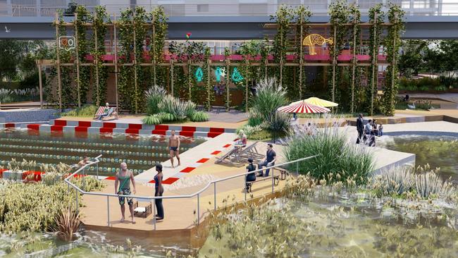 Design concept to build a 50m pool, wetlands and cafe by the Yarra at Enterprize Park released by Melbourne architects Wowowa and Yarra Pools. Picture: Wowowa