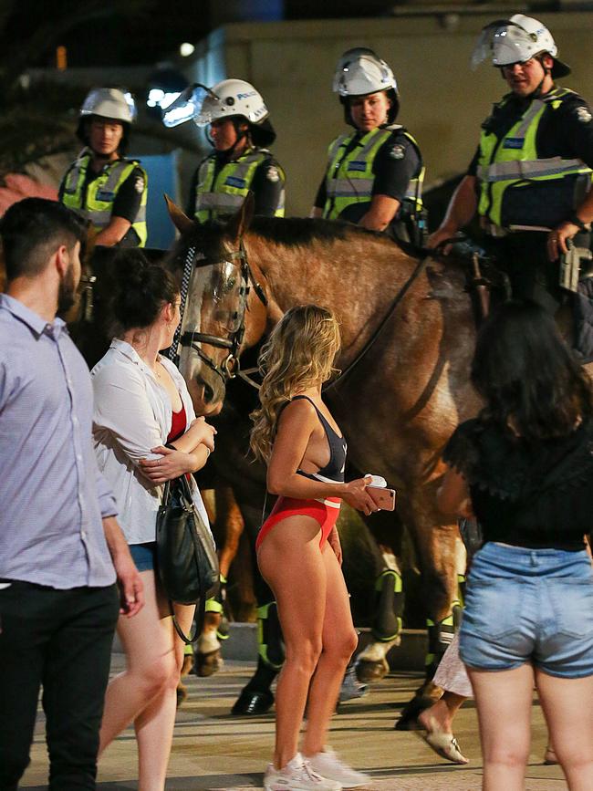 Police patrol St Kilda foreshore after recent unrest among groups of youths. Picture: Ian Currie