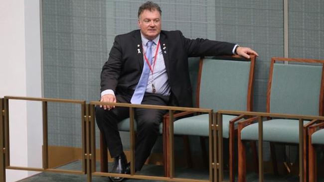 One Nation Senator Rod Culleton enters the Chamber and sits in a visitors' gallery on the floor during Question Time in the House of Representatives in Canberra today. Picture: Ray Strange.