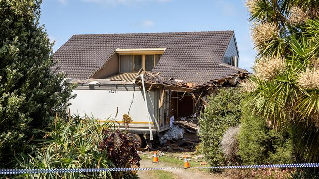 Two people have died after a truck plowed into a house on the Princes Hwy, Tower Hill (near Warrnambool). Picture: Jake Nowakowski