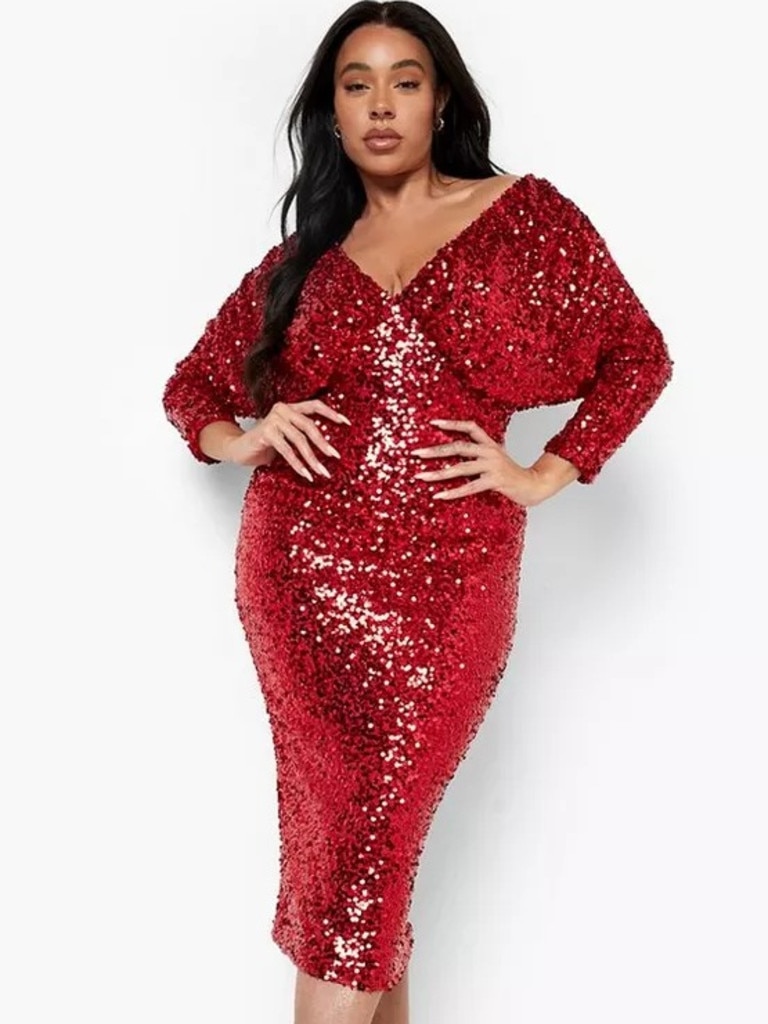 Boohoo Plus Sequin Off Shoulder Midi Dress. Image: Boohoo