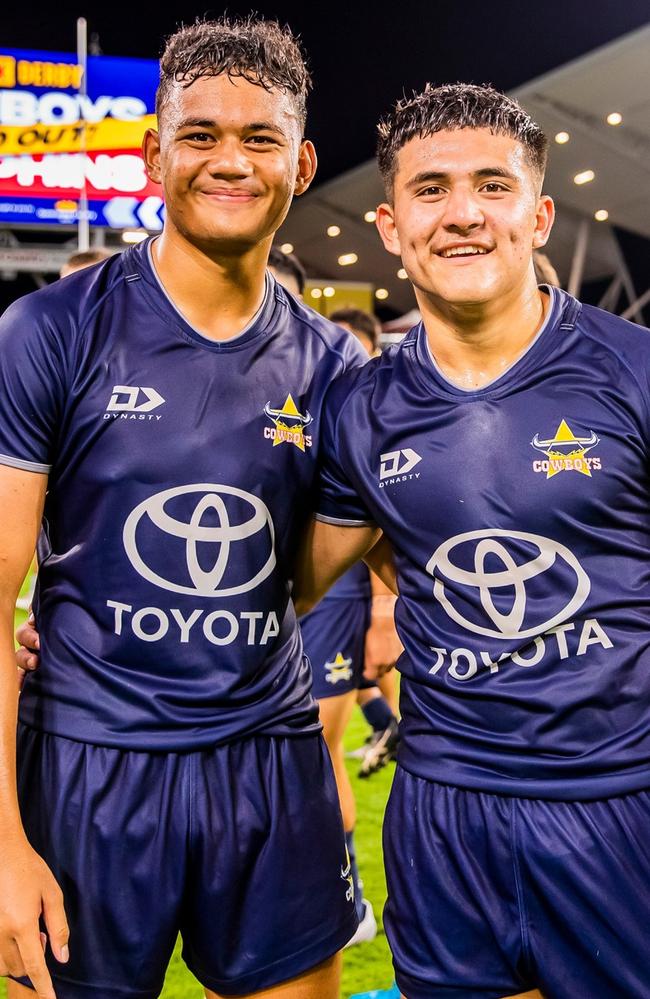 Eneliuko Savelio (Left) has benefited from playing alongside the cowboys development team and competed at the Queensland U15 Rugby League championships. Â