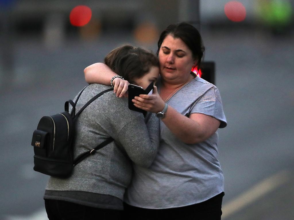 Ariana Grande concert attendees leave the Park Inn where they were given refuge after last night’s explosion at Manchester Arena. Picture: Getty