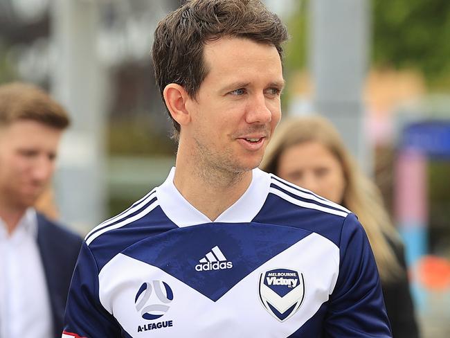 SYDNEY, AUSTRALIA - DECEMBER 14: Robbie Kruse of Melbourne Victory looks on during the Fox Sports A League season Launch at Darling Harbour on December 14, 2020 in Sydney, Australia. (Photo by Mark Evans/Getty Images)