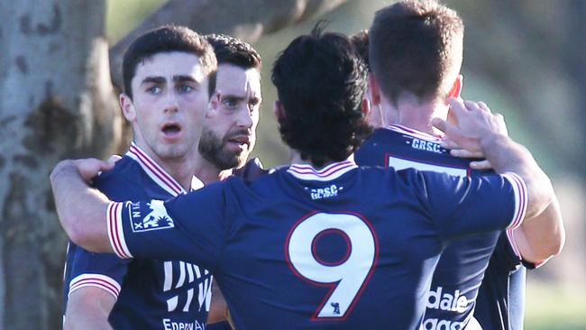 Geelong Rangers players celebrate a goal against Western Suburbs in State League 2 last season. Picture: Mark Wilson