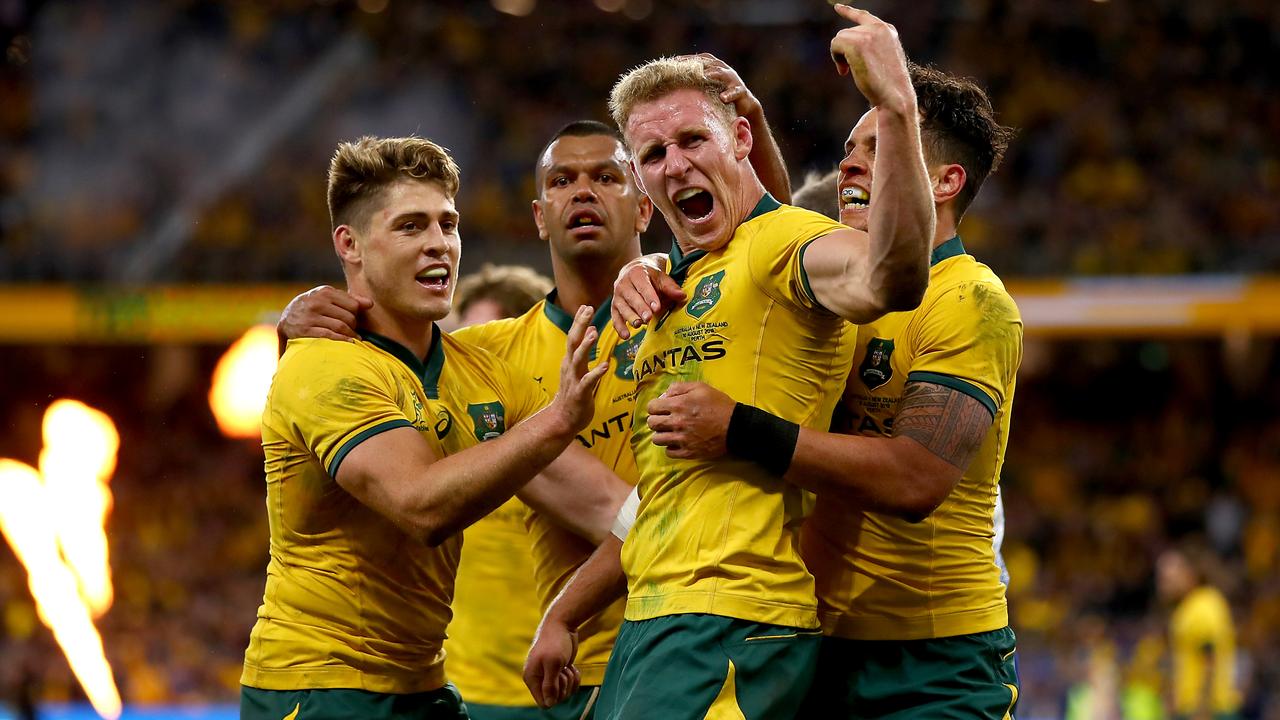 Reece Hodge of Australia celebrates his try during the 2019 Rugby Championship.