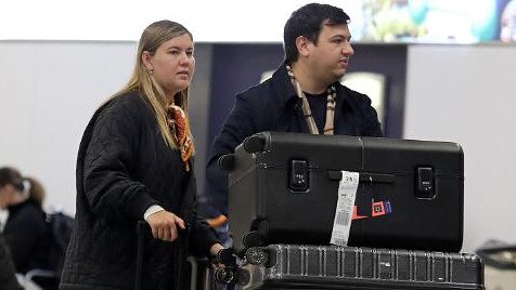 Ms Higgins and Mr Sharaz arrive in Paris in matching black outfits. Picture: KCS Presse/MEGA