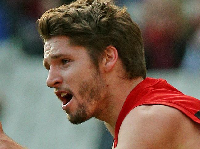 AFL Round 16 - Melbourne v Brisbane Lions at MCG, Jesse Hogan celebrate's a goal. Melbourne. 19th July 2015. Picture: Colleen Petch.