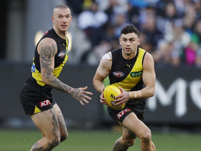 MELBOURNE, AUSTRALIAÃ June 30 , 2024.  AFL Round 16. Richmond vs Carlton at the MCG.   Richmonds Tim Taranto and Dustin Martin during the 2nd qtr.      . Pic: Michael Klein