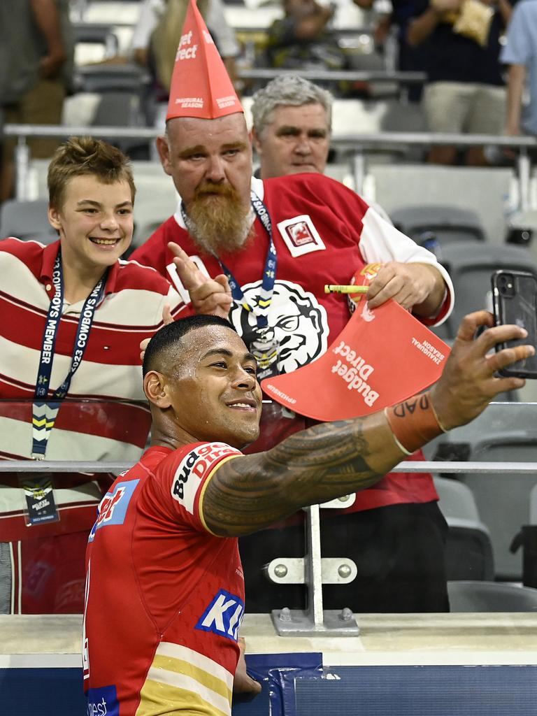 Jamayne Isaako poses with fans after the Dolphins’ win over the Cowboys. Picture: Getty Images)