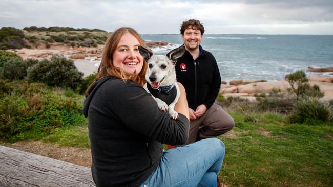 Kaleb James and Freya Lamacraft from Woodside, with their dog Brindi, have been camping at the BIG4 Port Elliot Holiday Park. Picture: Matt Turner