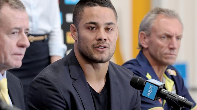 Jarryd Hayne at his signing announcement with the Titans, alongside Neil Henry.