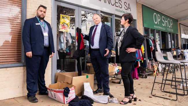 Second Chances social enterprises manager Sam Narroway, chairman Glenn O’Rourke and operations manager Kim Pienaar at their Sturt op shop. Picture: Tim Joy