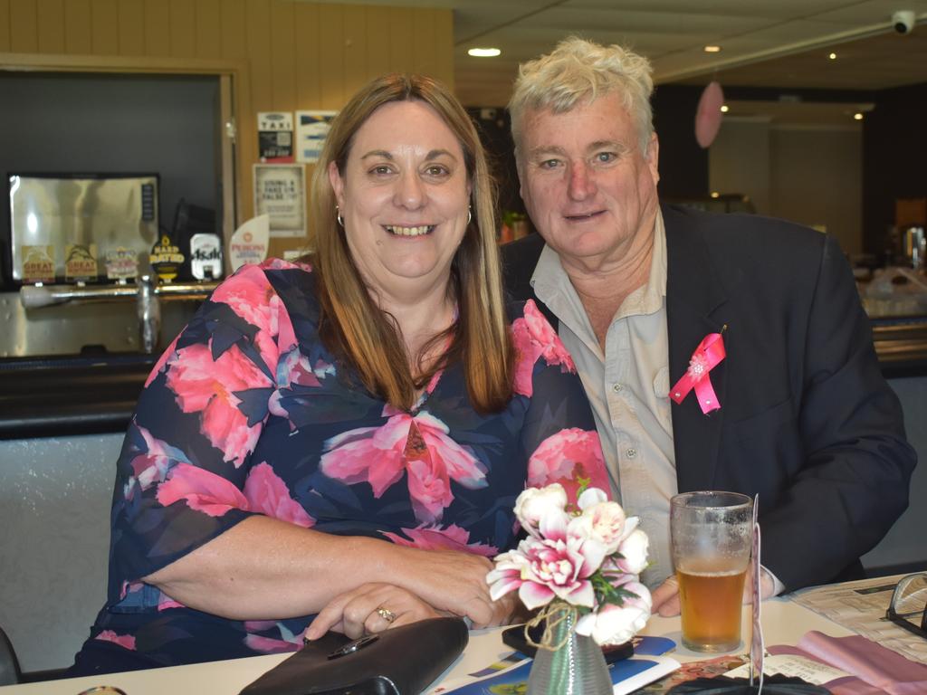 Roslyn and Bill Dodson at the Rockhampton Jockey Club's Pink Ribbon Stradbroke Charity Race Day at Callaghan Park on June 15, 2024.