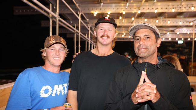 Mitch Imgraben, Huxley Wilkinson and Kaipo Guerrero at the WSL Gold Coast Pro 2025 after party at Burleigh Pavilion for Gold Coast at Large. Picture, Portia Large.
