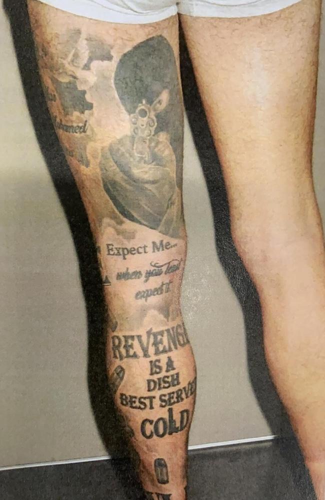 Abdul Abu-Mahmoud’s leg tattoo reads “Revenge is a dish best served cold”.