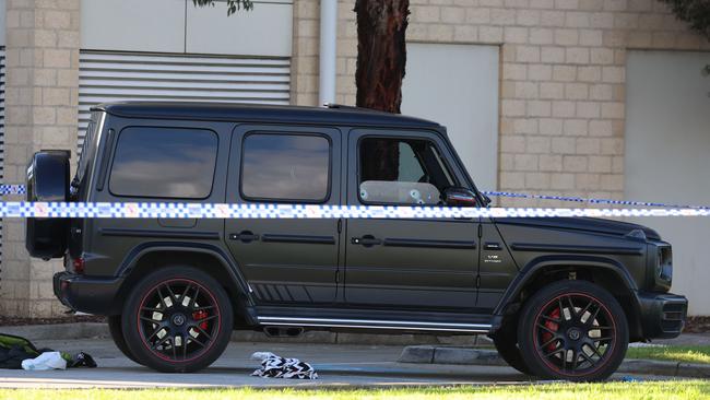 The bullet-ridden car of Abdulrahim sits at Fawkner Police station. Picture: Brendan Beckett