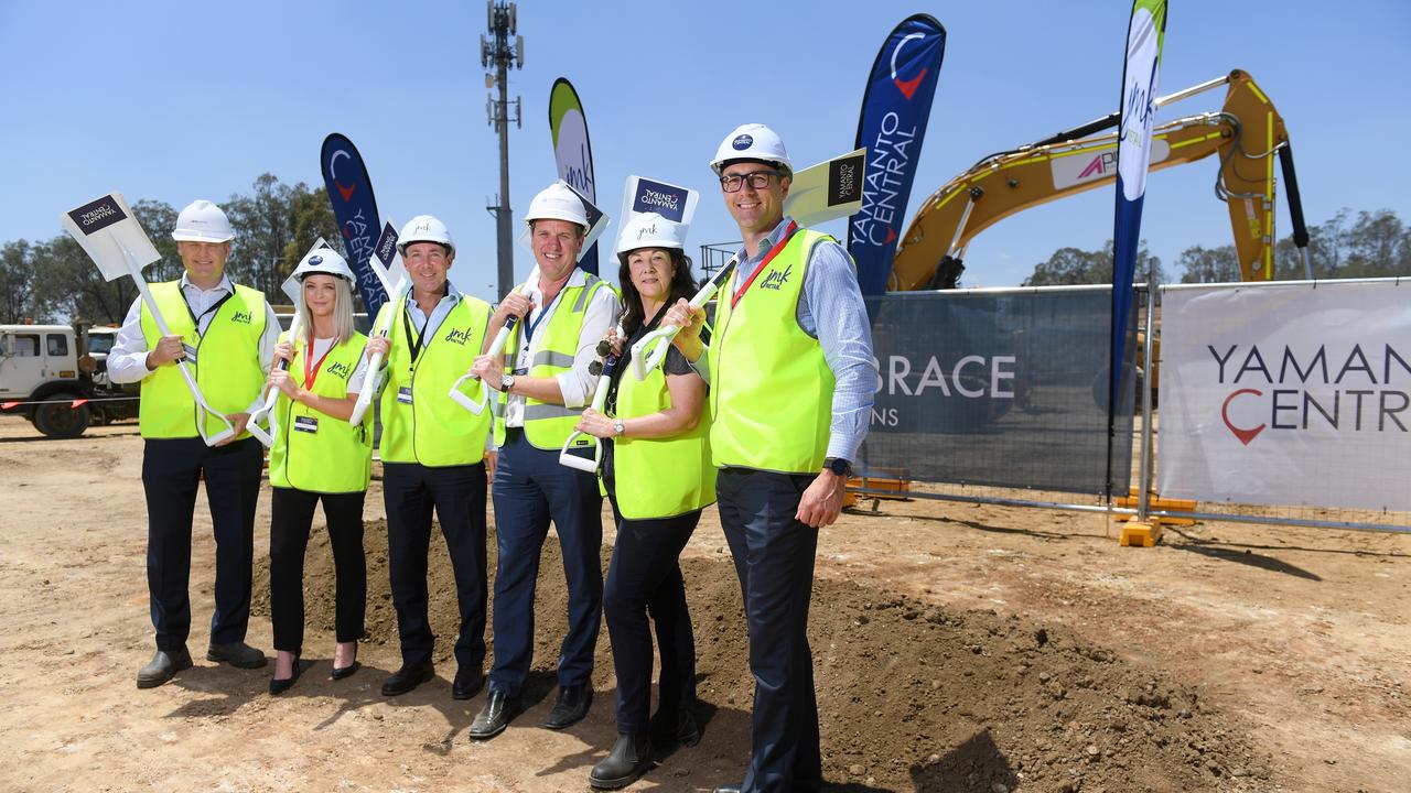 Sod turning of the Yamanto Central Shopping Centre. DMA Partners managing director Ryan Anderson, Chey Mesh from Coles, JM Kelly Group director Jim Kelly, Main Brace Constructions managing director Rob Doust, JMK Retail general manager Vicki Leavy and Property (Kmart) general manager Ben Smith.