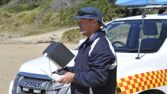 Coffs Harbour Lifeguard Services Team Leader Greg Hackfath using a drone at Emerald Beach. Photo: Tim Jarrett / Coffs Coast Advocate