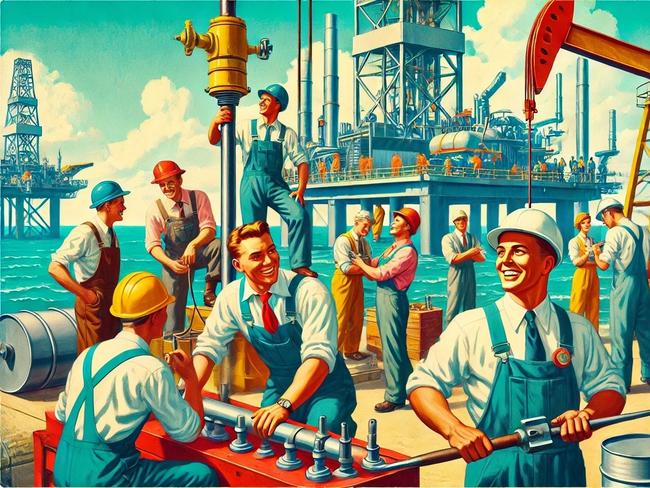 Happy oilmen at work Image chatgpt