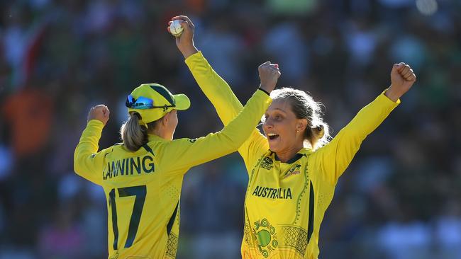 Meg Lanning (L) and Ashleigh Gardner celebrate their latest triumph. Picture: Getty