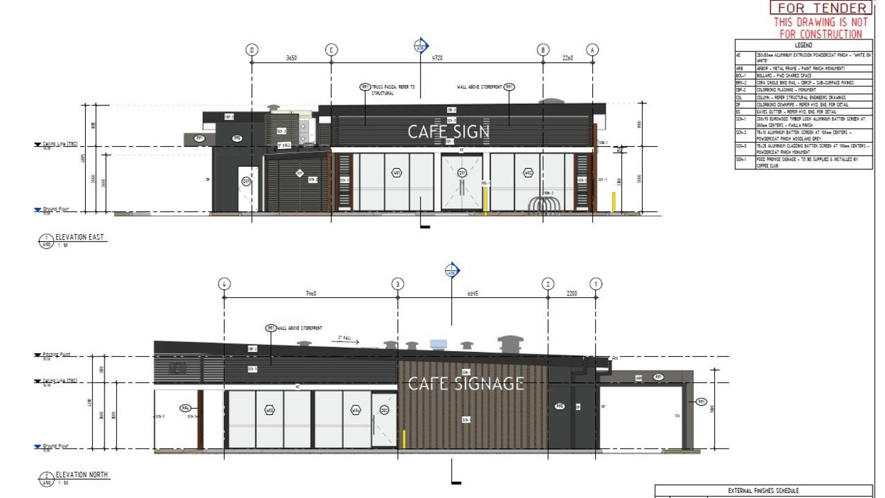 Building elevation plans by Verve Building Design for the Coffee Club building on the former Bunnings site on Yaamba Road.