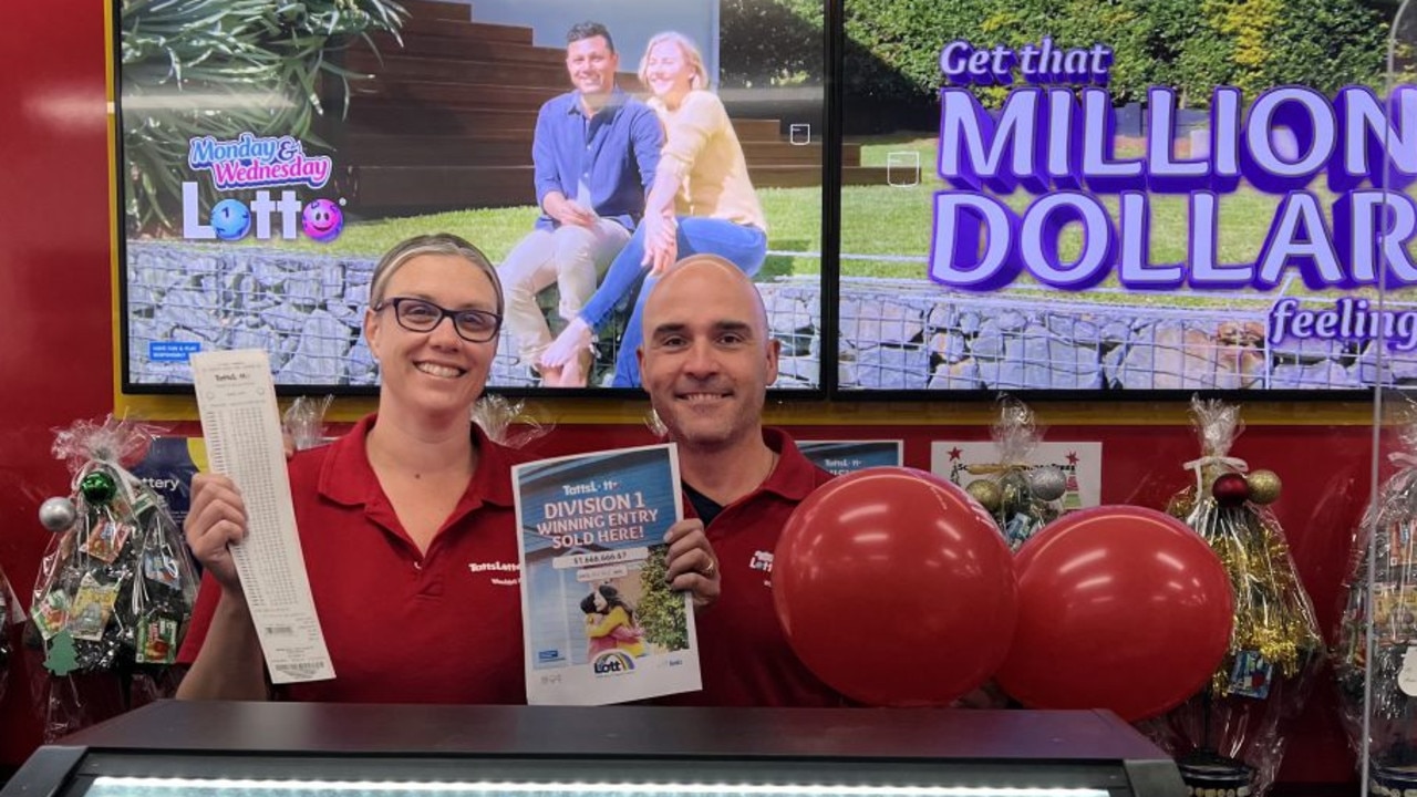 Wangaratta Lotto Card &amp; Tobacconist owners Sara and Damian D’Agostino strung up balloons to celebrate. Picture: Tattslotto.