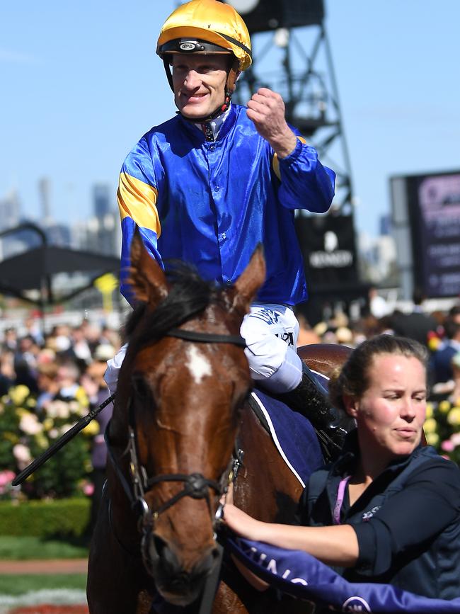 Jockey Mark Zahra reacts after his Group 1 win.