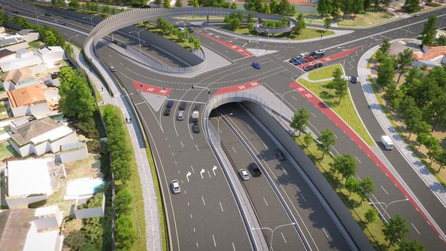 An artist's impression of the completed Warringah Rd underpass, at the intersection with Forest Way. Picture: Transport for NSW