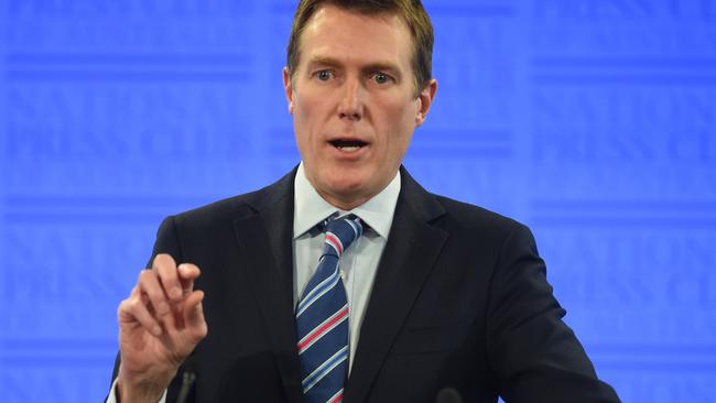 Australian Social Services Minister Christian Porter addresses the National Press Club in Canberra on Tuesday. Picture: AAP