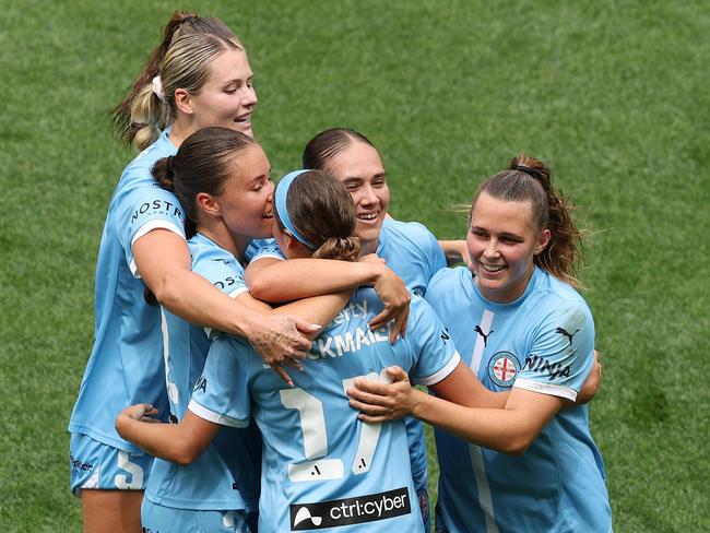 Mariana Speckmaier celebrates with her Melbourne City teammates after scoring a goal. Picture: Getty Images