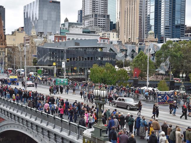 Melbourne’s Anzac march moves past Federation Square. Picture: Jason Edwards