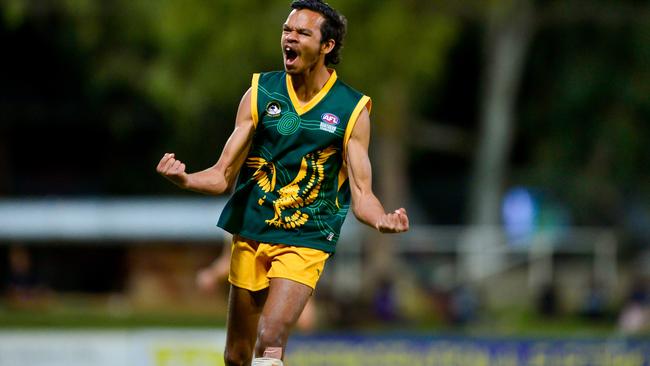 Pioneer’s goalkicker Shawn Foster celebrates a goal. Picture: SOCIAL MEDIA NT