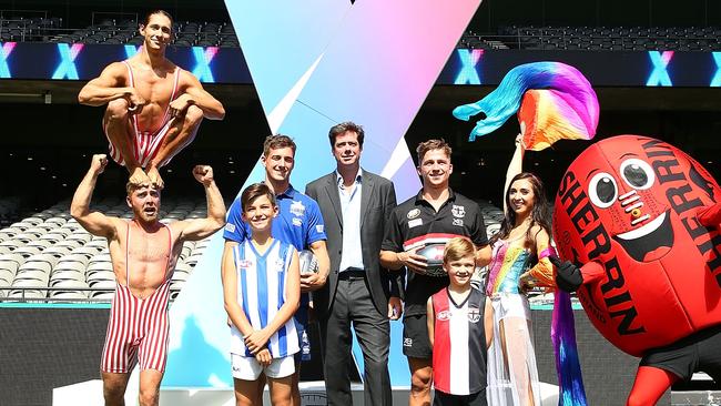 AFL chief Gillon McLachlan spruiks the AFLX last week. Picture: Getty Images