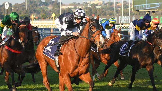 MELBOURNE, AUSTRALIA - JULY 06: Damian Lane riding It'sourtime winning race 7, the Santa Ana Lane Sprint Series Final - Betting Odds during Melbourne Racing at Flemington Racecourse on July 06, 2024 in Melbourne, Australia. (Photo by Vince Caligiuri/Getty Images)