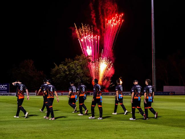 The NT Strike take the field at DXC Arena against the Cricket Australia XI in game one. Picture: Patch Clapp.