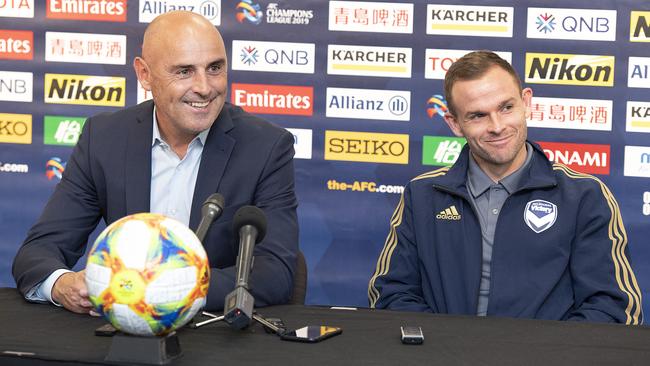 Melbourne Victory coach Kevin Muscat and defender Leigh Broxham. Picture: AAP