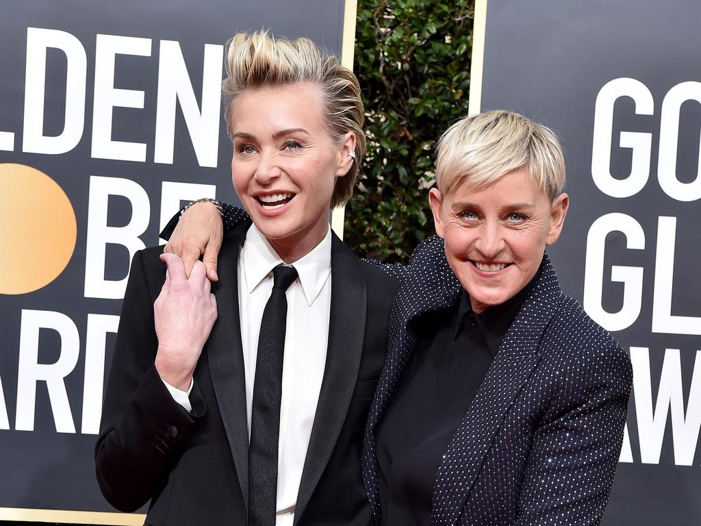 Ellen DeGeneres, who has tested positive for COVID, pictured with her wife, Portia de Rossi, at the Golden Globes in January. Picture: Getty Images