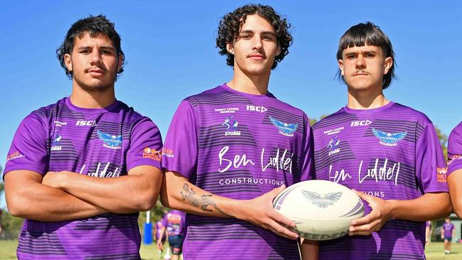 Caloundra State High School rugby league team. Open: Tyrell Hopkins, Tully McLellan, Jack Philp. Picture: Patrick Woods.