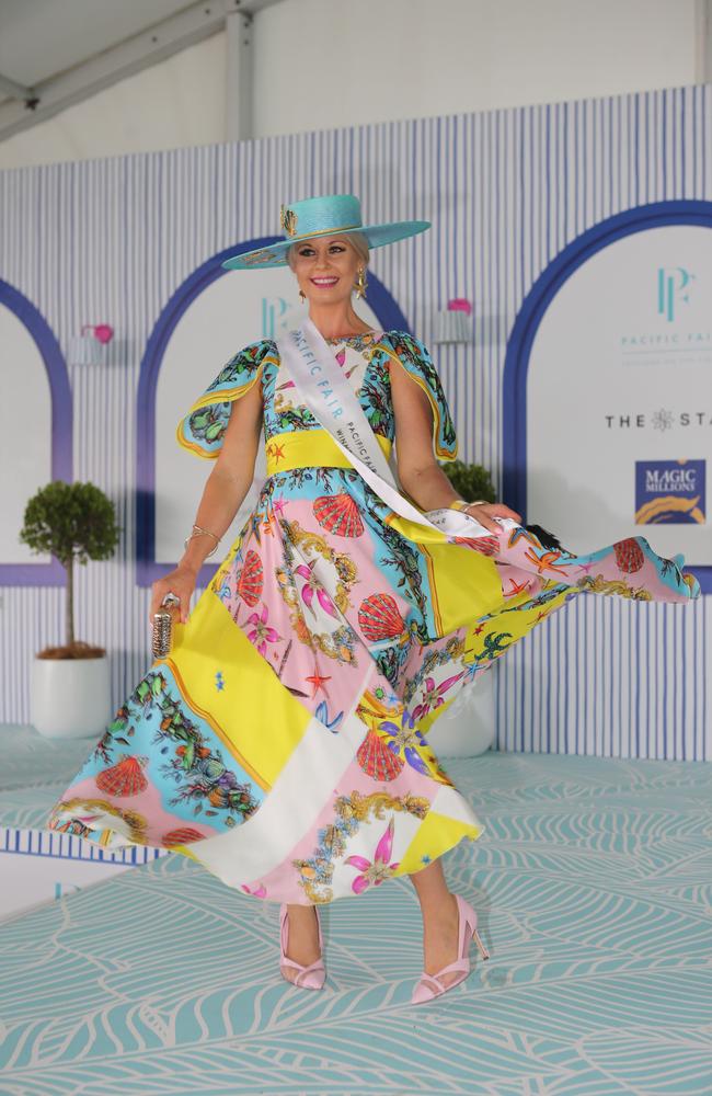 Social Pictures Fashion and Colour taken at the Magic Millions race day at the Gold Coast Turf Club. From L-R Fashion winner womans, Kymberlee Cockrem. Pic Mike Batterham