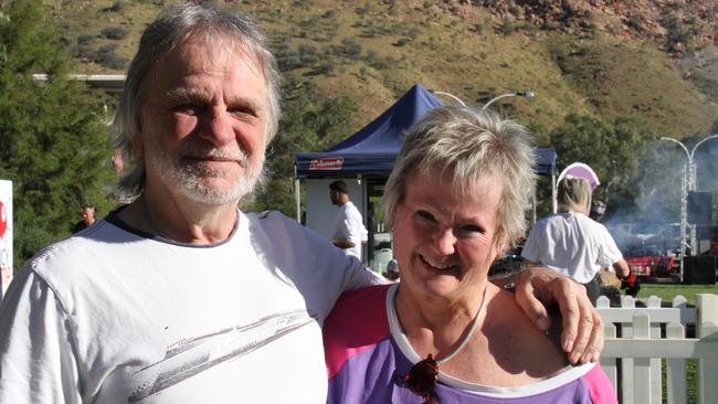 German tourists Ben and Ute Hauenschild. The Alice Springs Bush BBQ festival has began on the afternoon of the 2025 federal election, May 3, 2025. Picture: Gera Kazakov