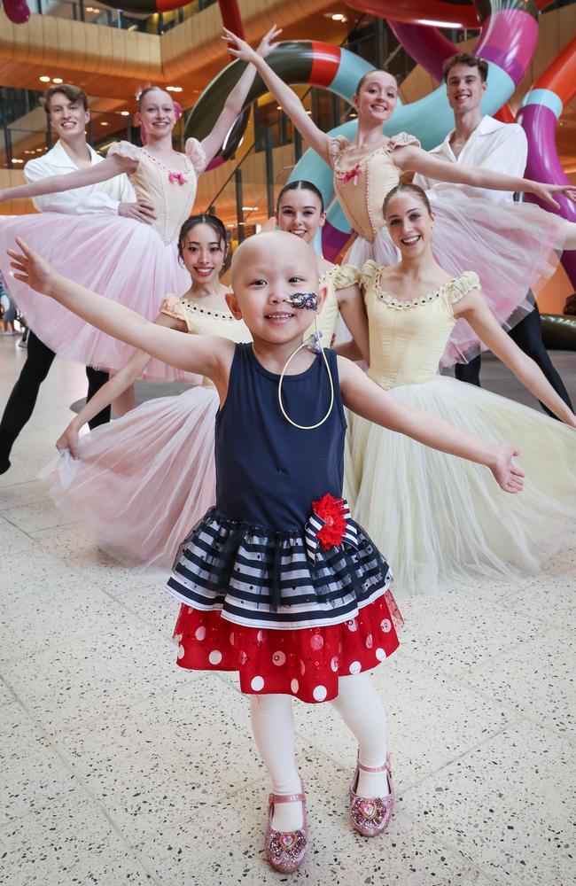 Cancer patient Ada Cen, 4, lives her dream of being a ballet dancer alongside the Australian Ballet School performers. Picture: David Caird