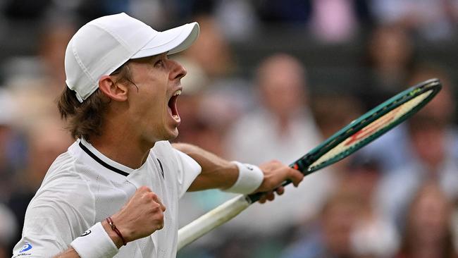 Australia's Alex de Minaur after winning a point against France's Arthur Fils during their men's singles fourth round tennis match on the eighth day of the 2024 Wimbledon Championships. De Minaur won 6-2, 6-4, 4-6, 6-3. Picture: Glyn Kirk/AFP