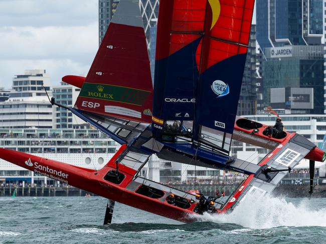 Spain SailGP Team helmed by Diego Botin on Race Day 2 of The Rolex SailGP 2025 Championship ITM New Zealand Sail Grand Prix in Auckland, New Zealand. Sunday 19 January 2025. Photo: Felix Diemer for SailGP. Handout image supplied by SailGP