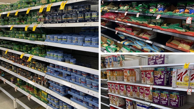 Panic-buying had yet to reach canned tuna, cheese and cereal at Coles in Sydney’s Broadway Shopping Centre.