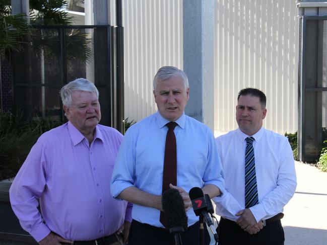 Federal Member for Flynn Ken O'Dowd, Deputy Prime Minister Michael McCormack and Gladstone Mayor Matt Burnett at the announcement of $10 million for a hydrogen knowledge centre in Gladstone and to beautify Auckland Hill. Picture: Rodney Stevens