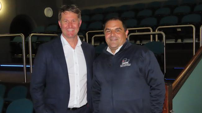 Tony Pasin and Australian and New Zealand ICON Cancer Centre chief executive Paul Fenton hold community forum to bring radiation treatment to Mount Gambier. Picture: Arj Ganesan