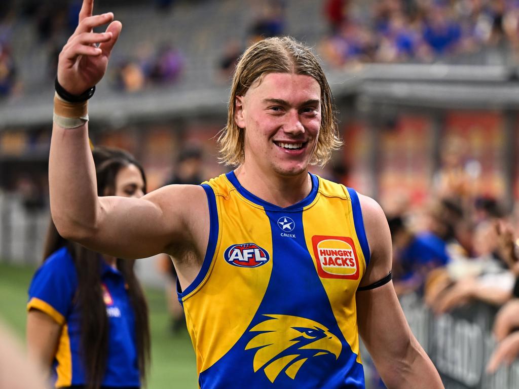 Harley Reid celebrates his side’s win over the Dockers on Saturday night in the derby. Picture: Daniel Carson/AFL Photos via Getty Images.