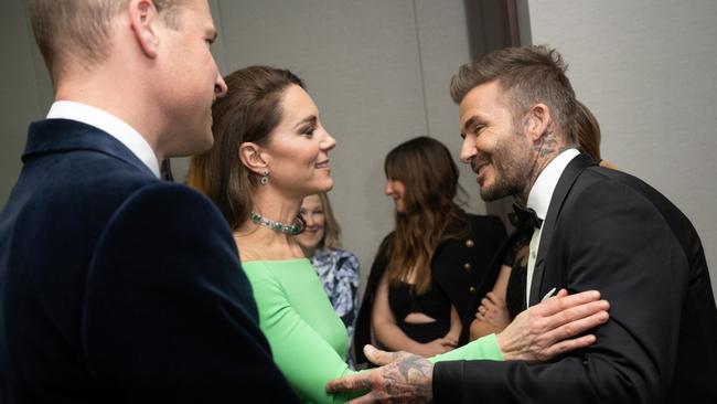 Prince William, Prince of Wales, Catherine, Princess of Wales and David Beckham speak backstage after The Earthshot Prize 2022. Picture:  WireImage